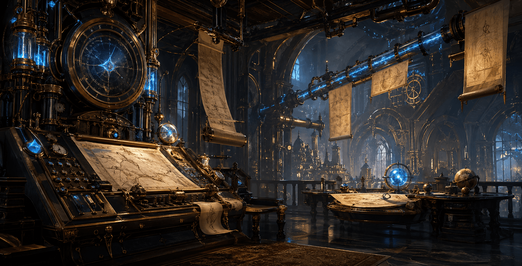 Arcane editorial observatory with dispatch consoles, suspended maps and blue-mana signal conduits.